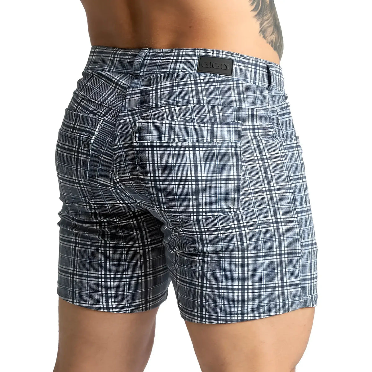 Blue and white plaid gigo mountain square shorts with black brand patch on waistband for casual wear