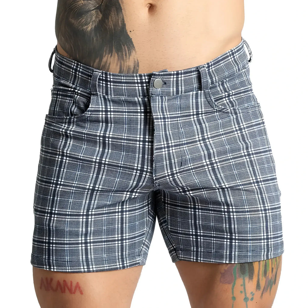 Blue and white plaid Gigo Mountain Square shorts with button closure perfect for casual outdoor wear