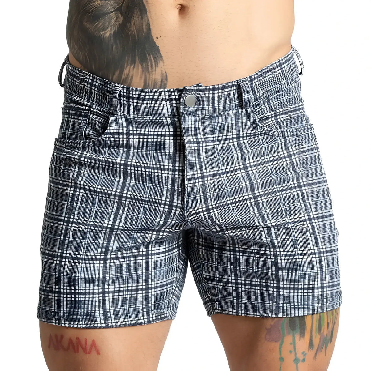 Blue and white plaid Gigo Mountain Square shorts with button closure perfect for casual outdoor wear
