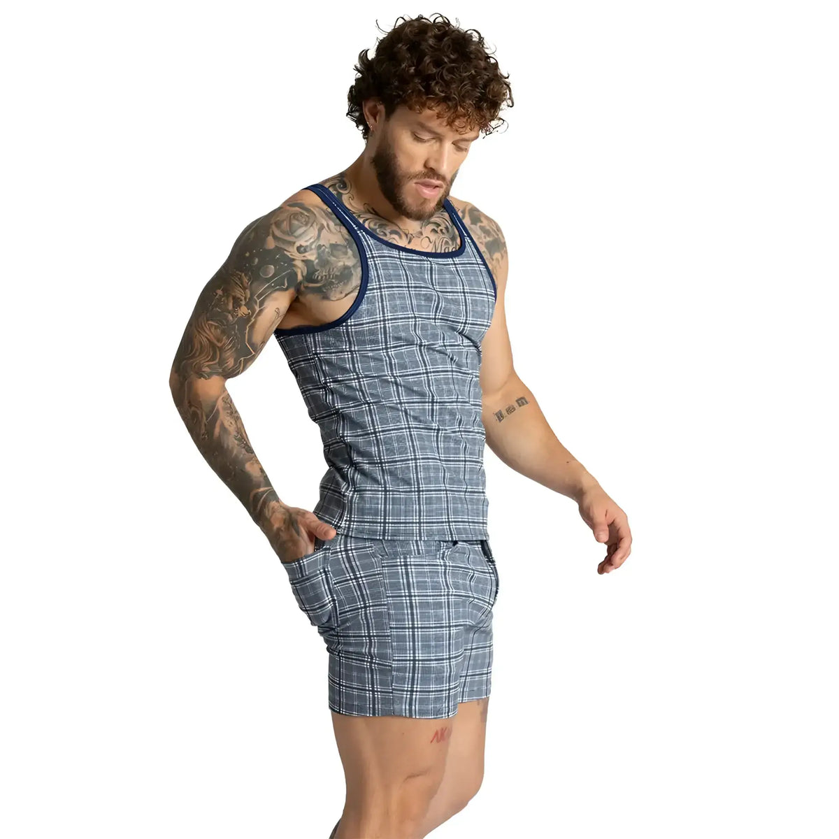 Blue and white plaid cotton tank top with navy blue trim for casual wear titled Gigo Mountain Square Tank