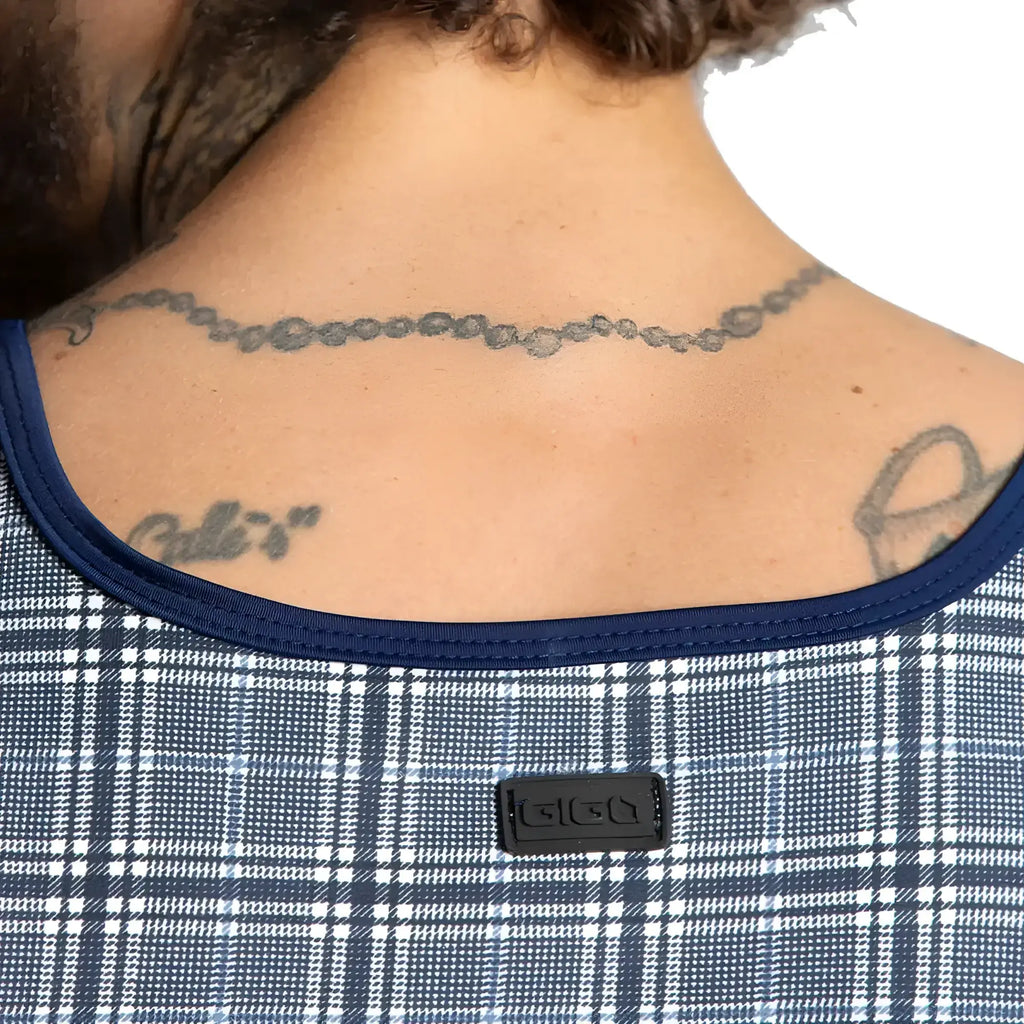 Navy blue and white plaid Gigo Mountain Square Tank with black brand tag at neckline, sleeveless casual top