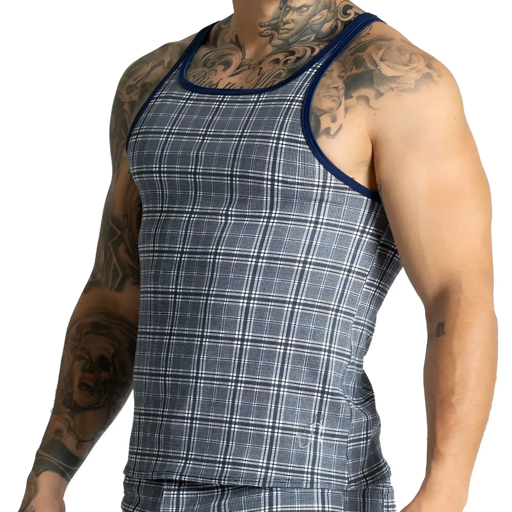 Gigo mountain square tank navy and gray plaid tank top with dark blue trim along neckline and armholes