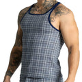 Gigo mountain square tank navy and gray plaid tank top with dark blue trim along neckline and armholes