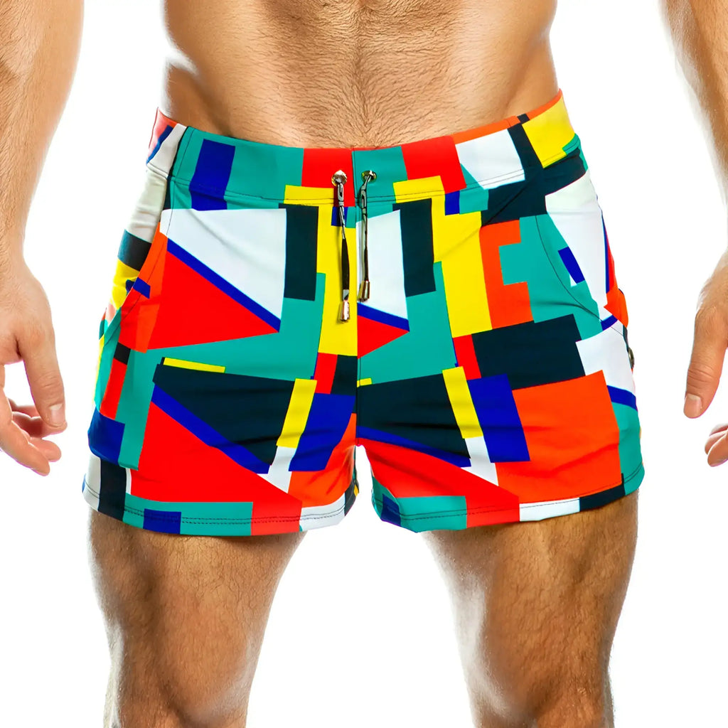 Gigo multicolour beachwear vibrant geometric patterned swim trunks in red teal yellow and navy blue for summer use