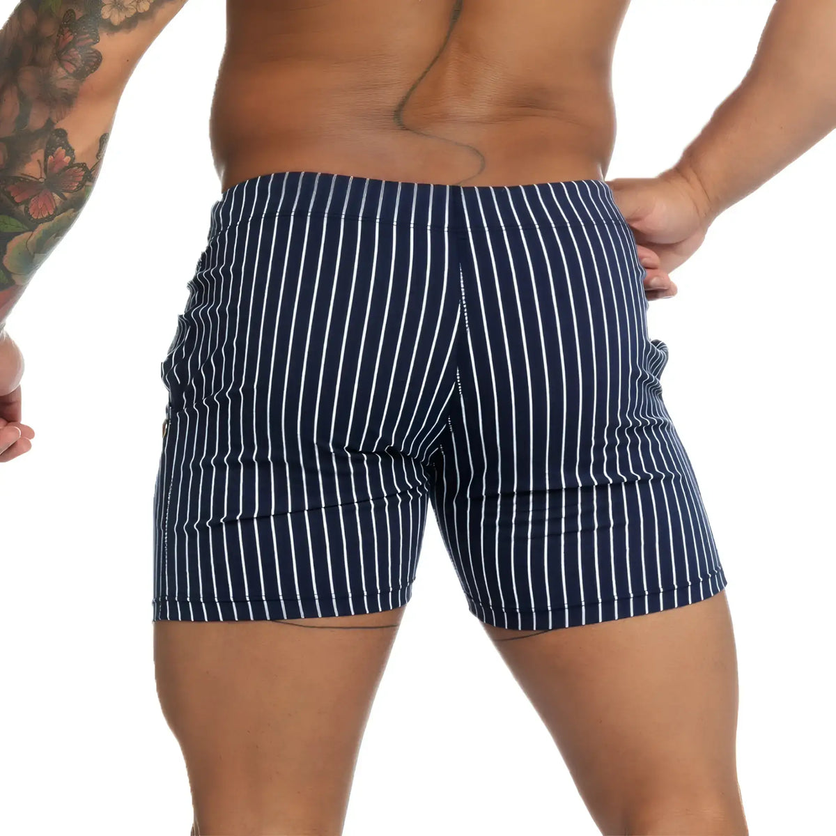 Gigo naval blue beachwear navy blue and white vertically striped tailored swim trunks for men