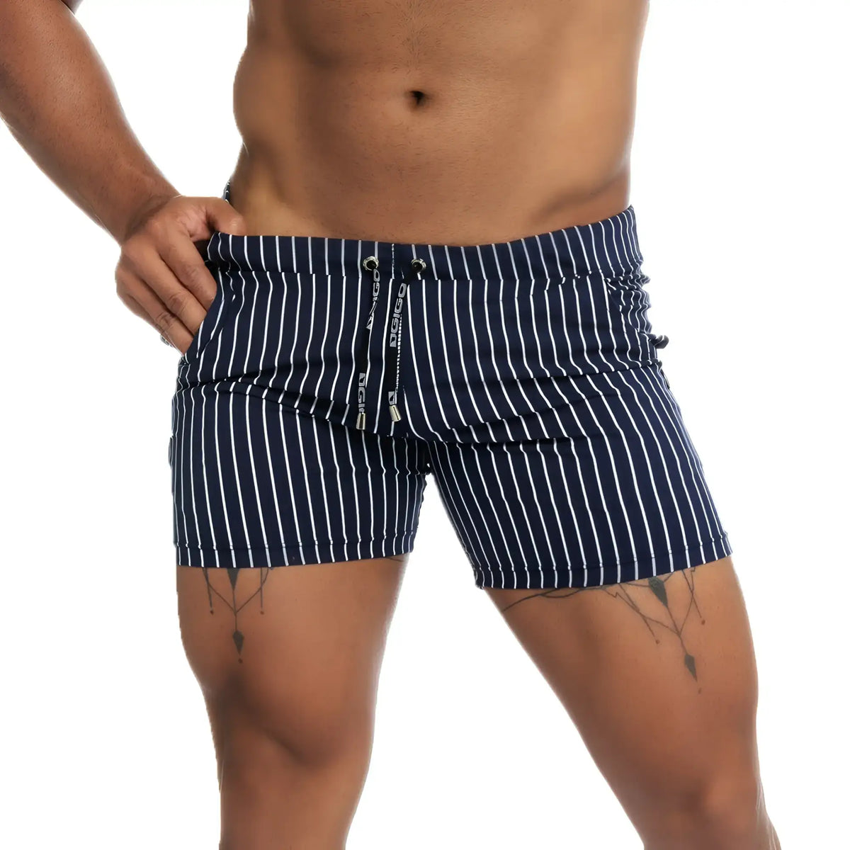 Navy blue and white vertically striped swim trunks with a drawstring waistband from Gigo Naval Blue Beachwear