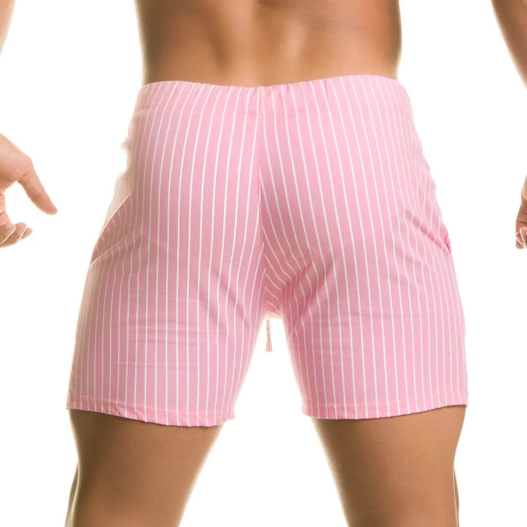 Gigo Naval Pink beachwear menÃ¢â‚¬â„¢s shorts with pink and white vertical stripes and a drawstring waistband