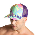 Vibrant gigo neon purple trucker hat with mesh back and colourful abstract design featuring fun lettering