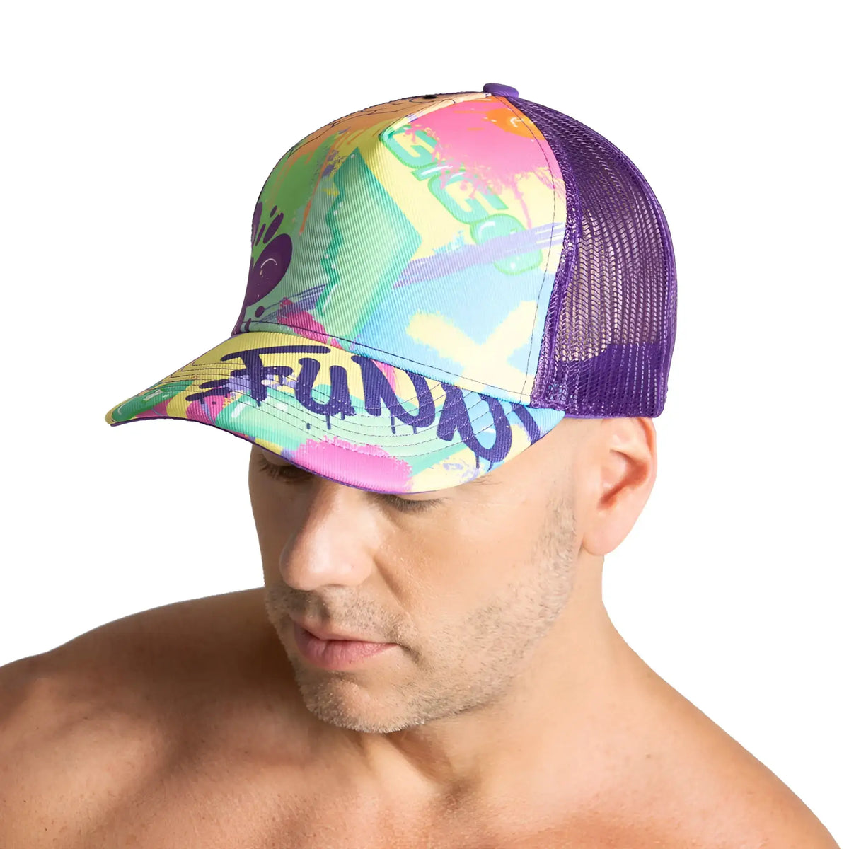 Vibrant gigo neon purple trucker hat with mesh back and colourful abstract design featuring fun lettering