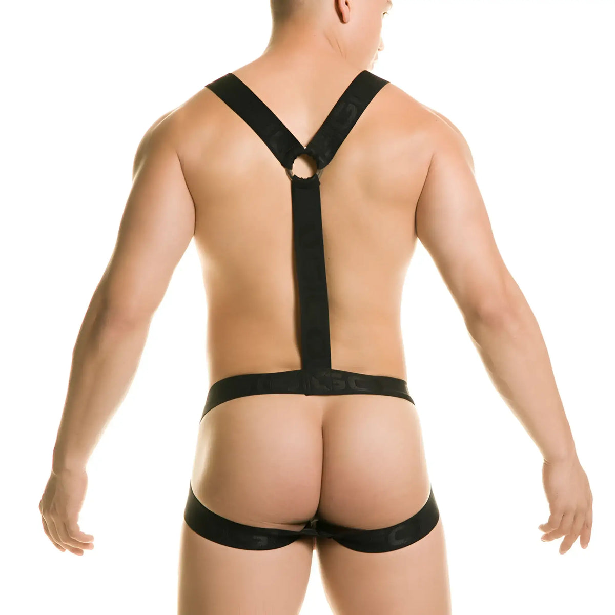 Black sleek form-fitting harness-style underwear with central back strap and adjustable shoulder straps shown from back