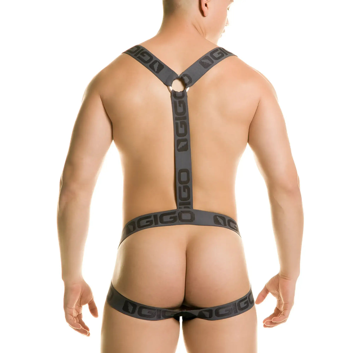 Black elastic suspenders with nggo branding on straps for gigo new cautious gray harness visible from front side