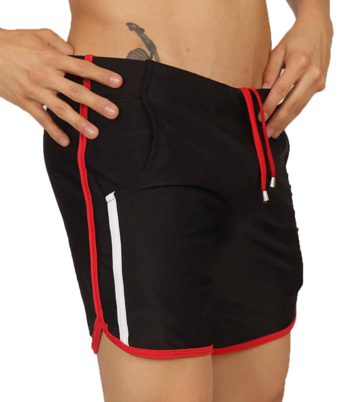 Gigo Nice black beachwear athletic shorts with red and white trim drawstring waistband and side pockets
