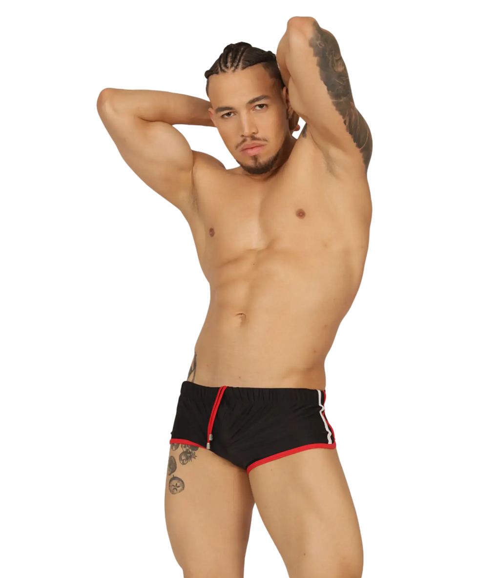 Gigo Nice black swim trunk with red and white trim designed for comfortable beachwear and swimming