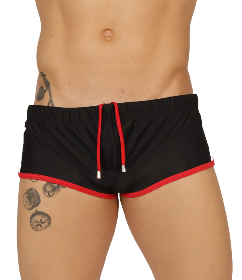 Gigo nice black swim trunk with red trim and drawstring designed for comfortable beachwear