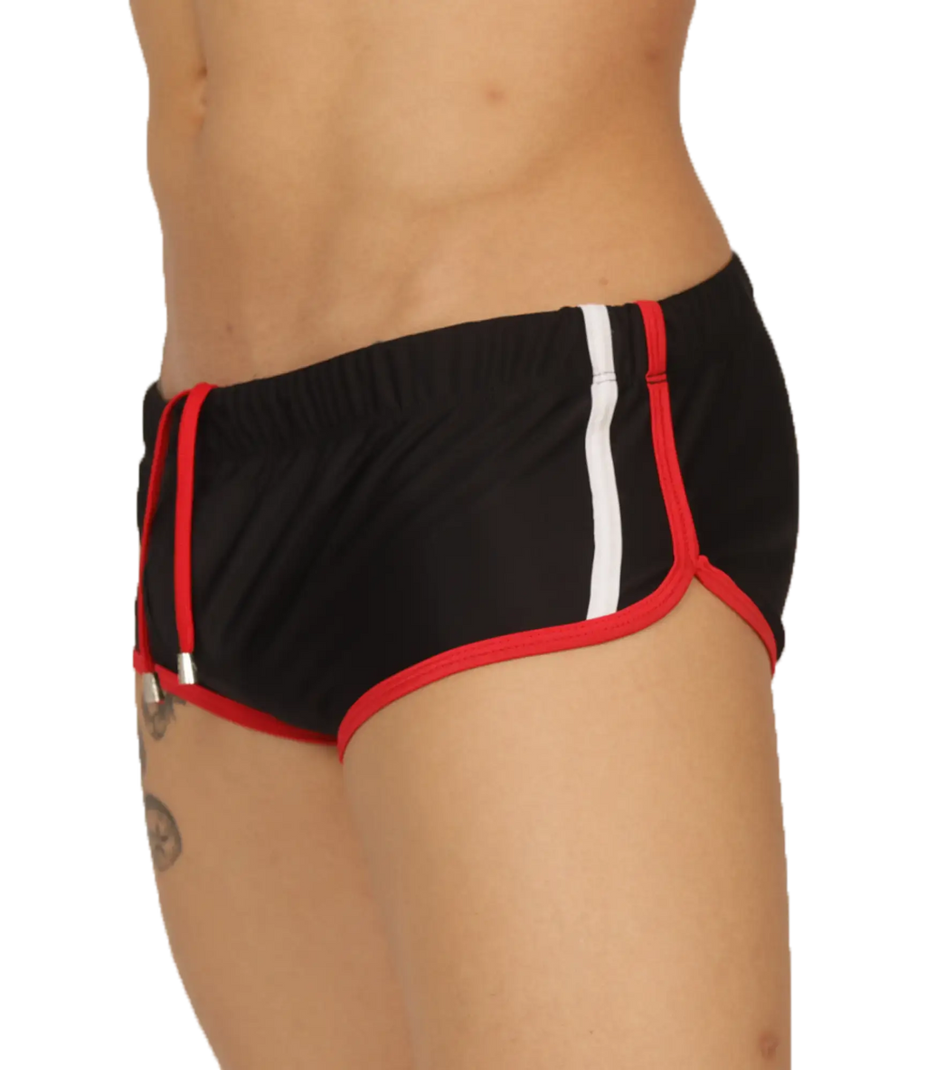 Gigo nice black swim trunk with red and white trim and drawstring waistband for comfortable beachwear