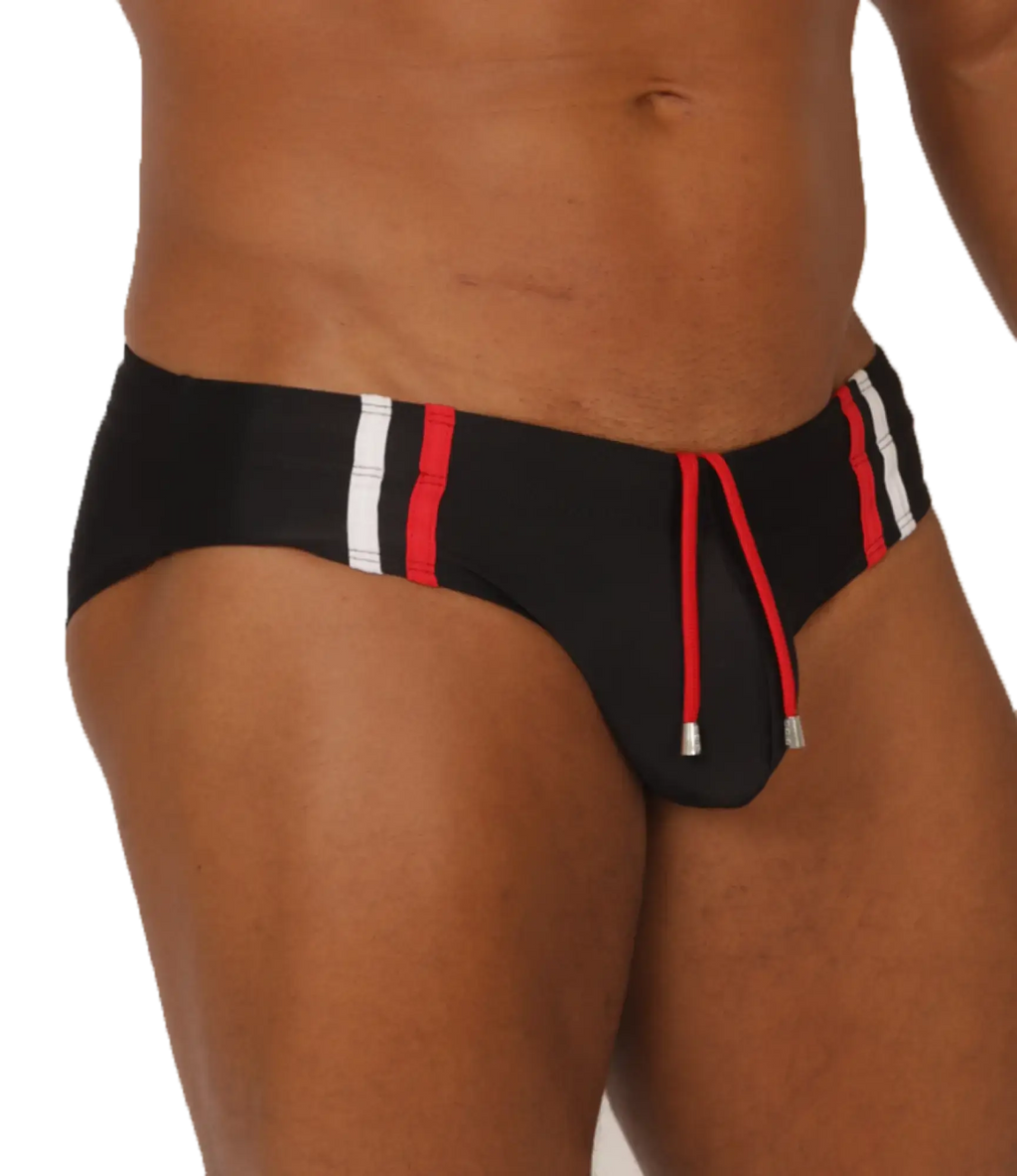Gigo Nice black swimbrief with red and white striped side panels and matching drawstring ties for swimming