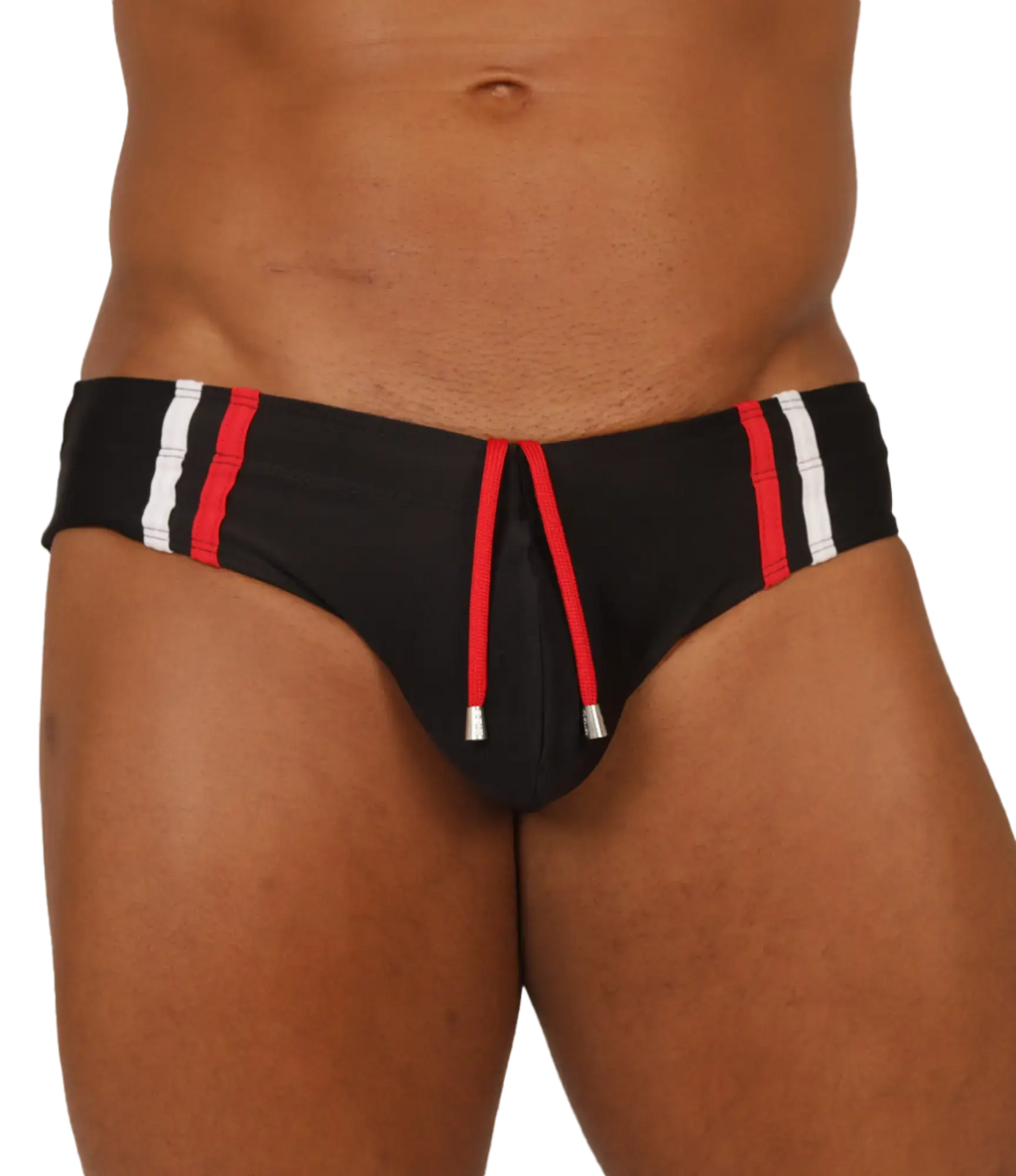 Gigo Nice black swimbrief with bold red and white vertical stripes and matching red drawstring at the front