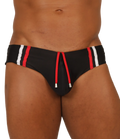 Gigo Nice black swimbrief with bold red and white vertical stripes and matching red drawstring at the front