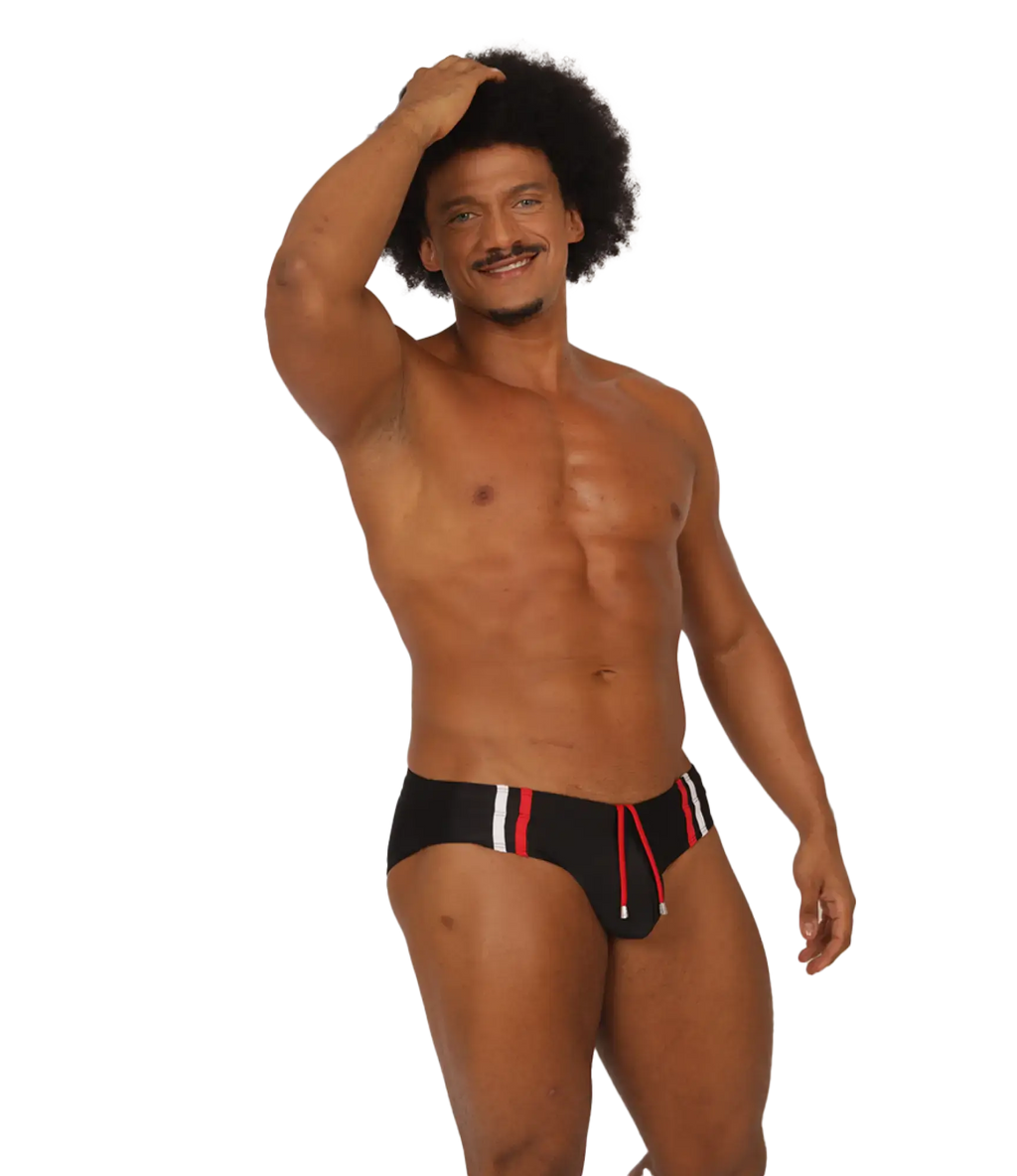 Gigo Nice black swimbrief with red and white striped side panels and drawstring ties for comfortable swimming