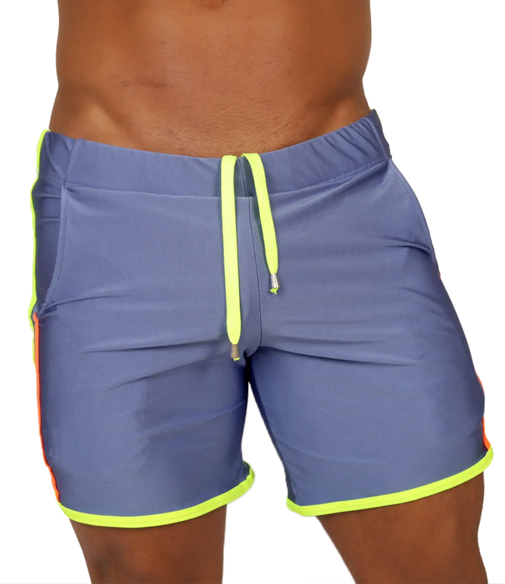 Gigo Nice Blue Beachwear blue athletic shorts with neon yellow drawstring and trim perfect for beachwear