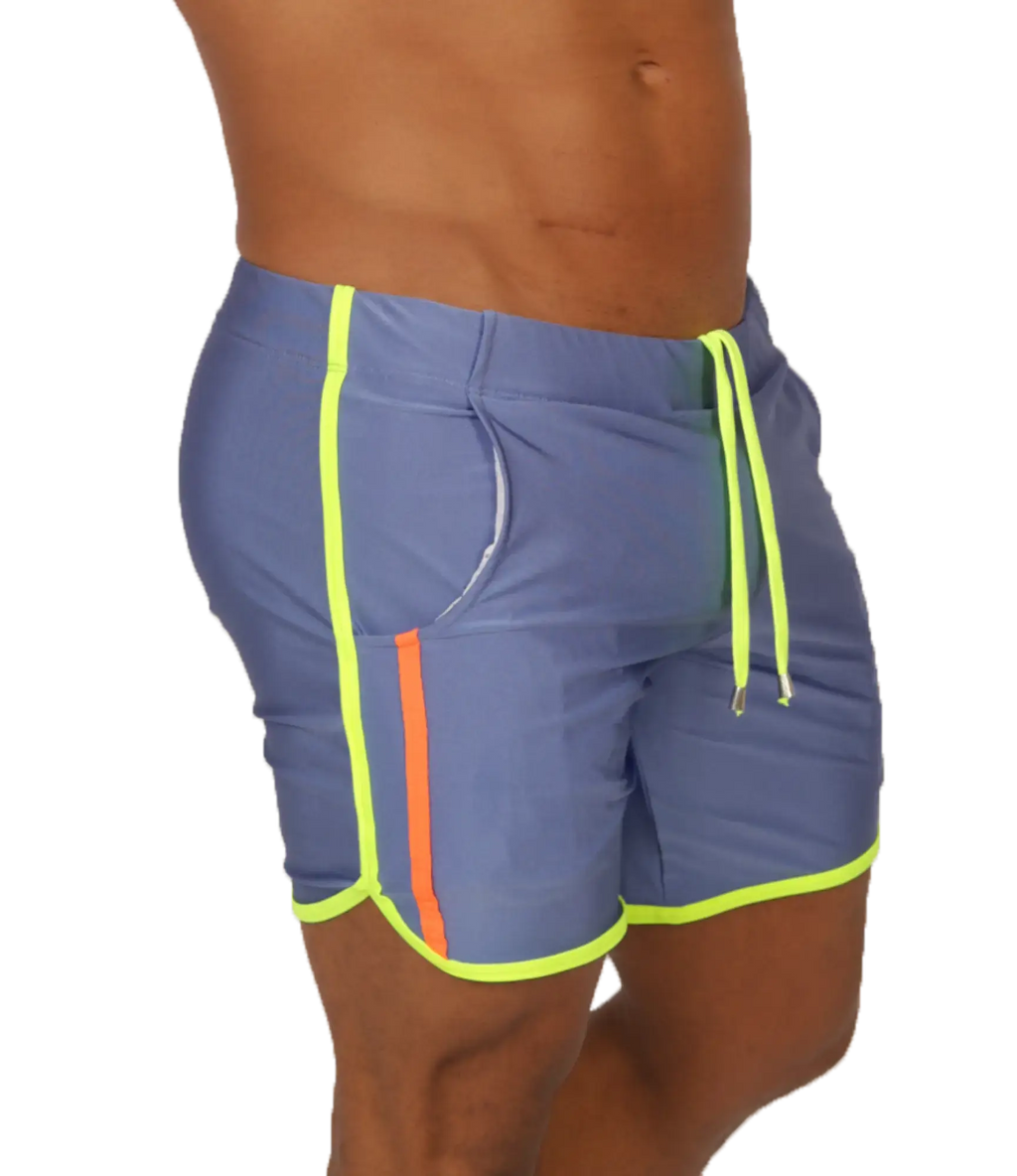 Gigo Nice blue beachwear athletic shorts with neon yellow and orange side stripes and a drawstring waistband