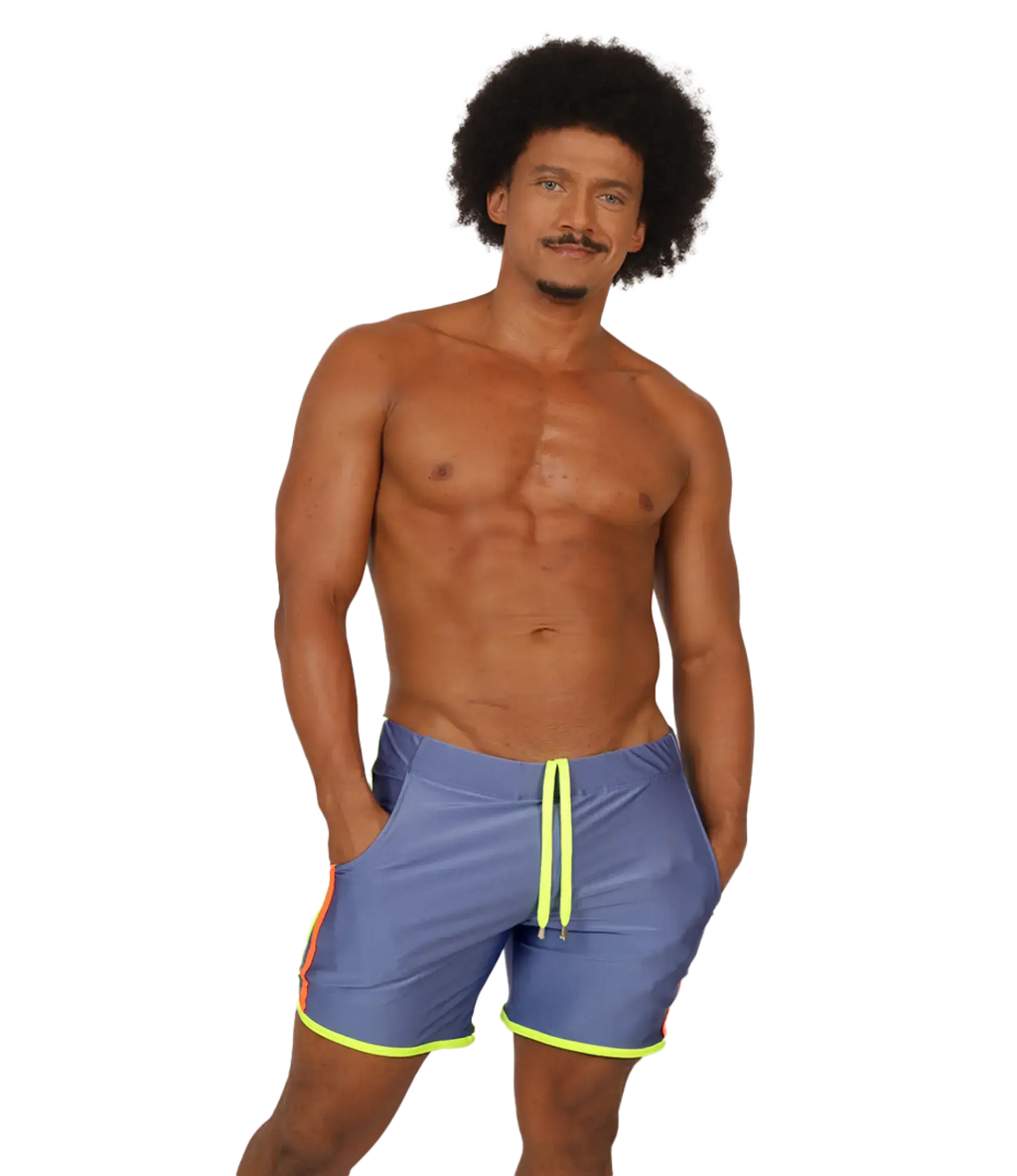 Gigo Nice blue swim trunks with neon yellow drawstring and trim for beachwear use