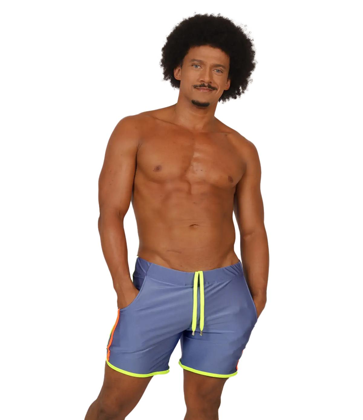 Gigo Nice blue swim trunks with neon yellow drawstring and trim for beachwear use