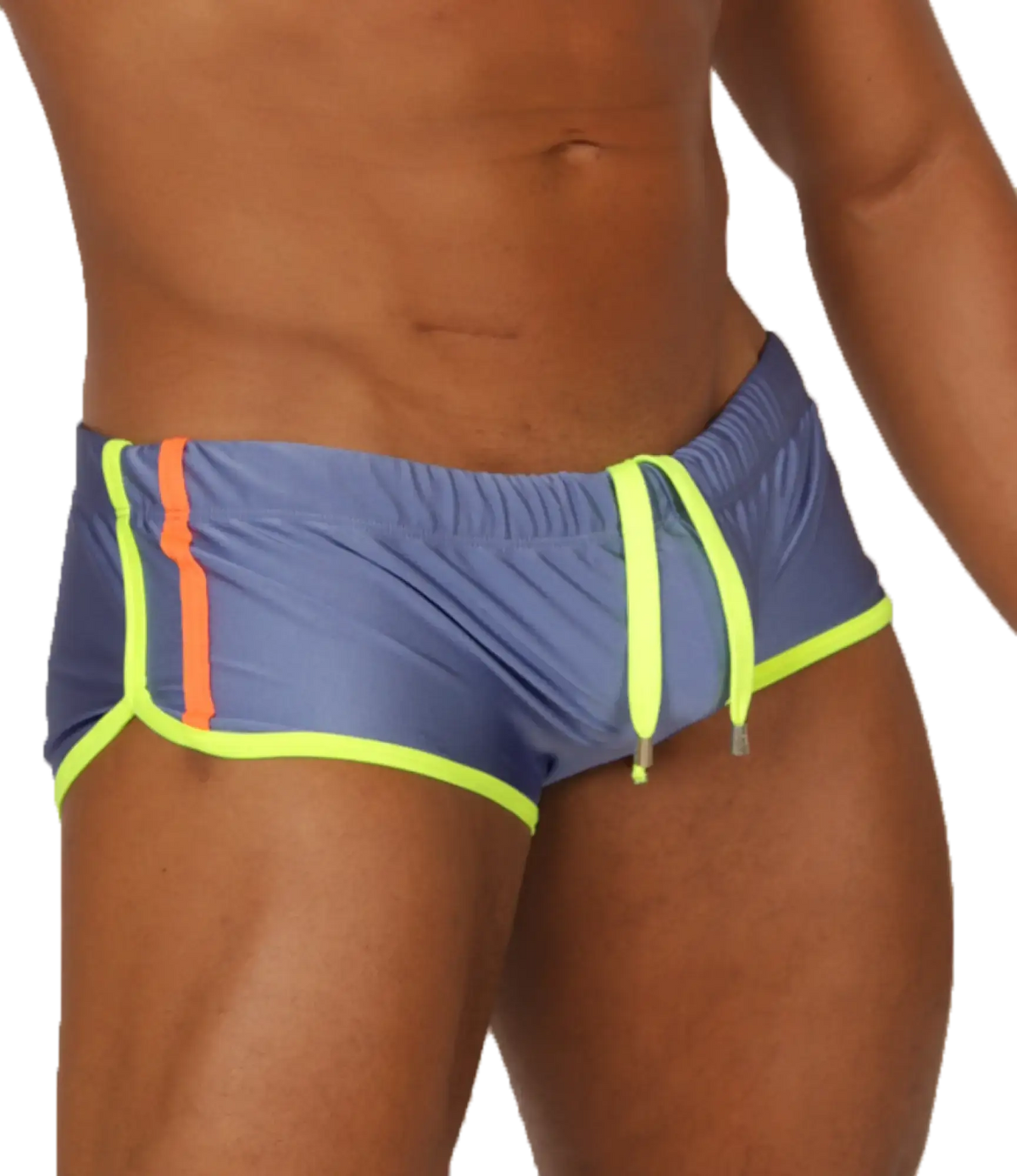 Gigo Nice Blue swim trunk in blue with neon yellow trim and orange side stripe for beach and pool use