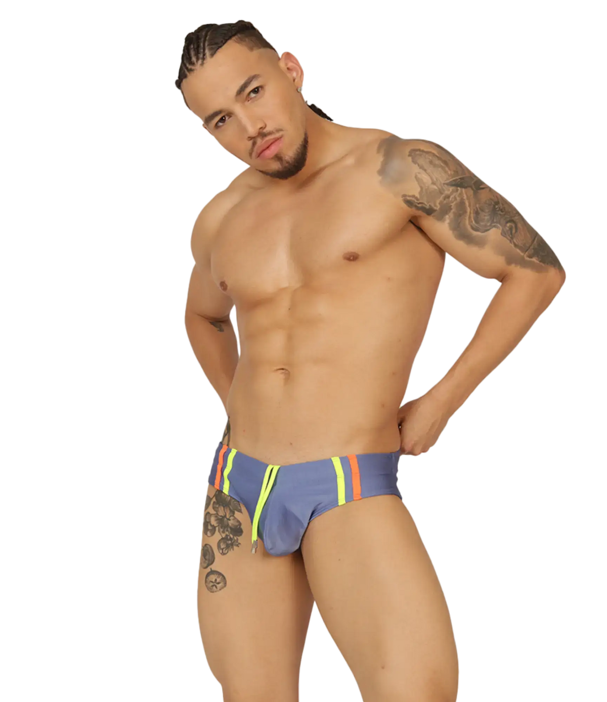 Gigo Nice Blue swimbrief with vibrant neon yellow and orange side stripes designed for beach and pool use