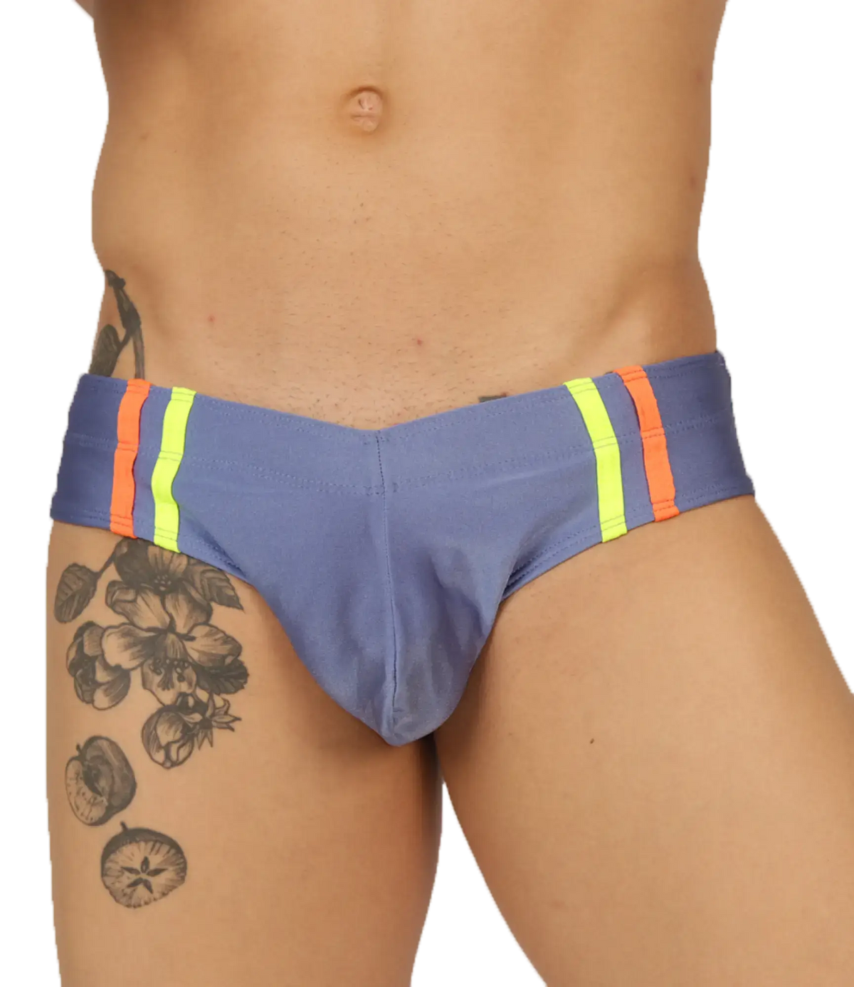 Gigo nice blue swimbrief featuring blue swim trunks with vibrant orange and neon yellow striped waistband