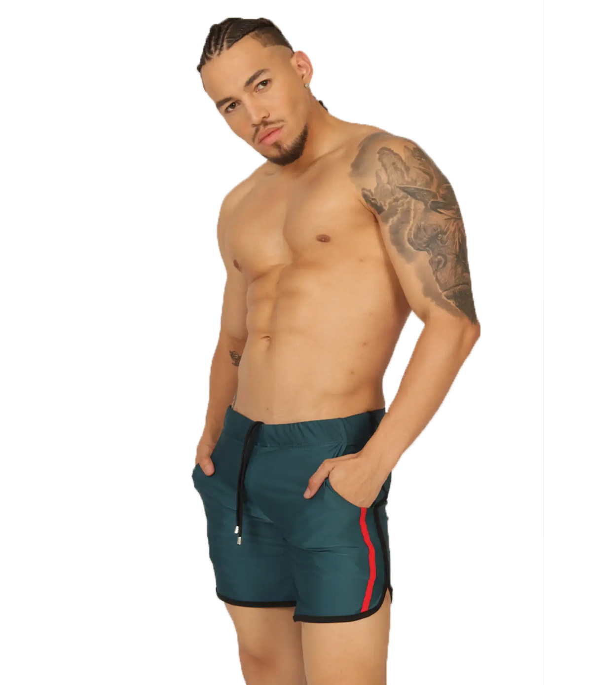 Teal athletic shorts with red and black side stripes from gigo nice green beachwear for casual sportswear use
