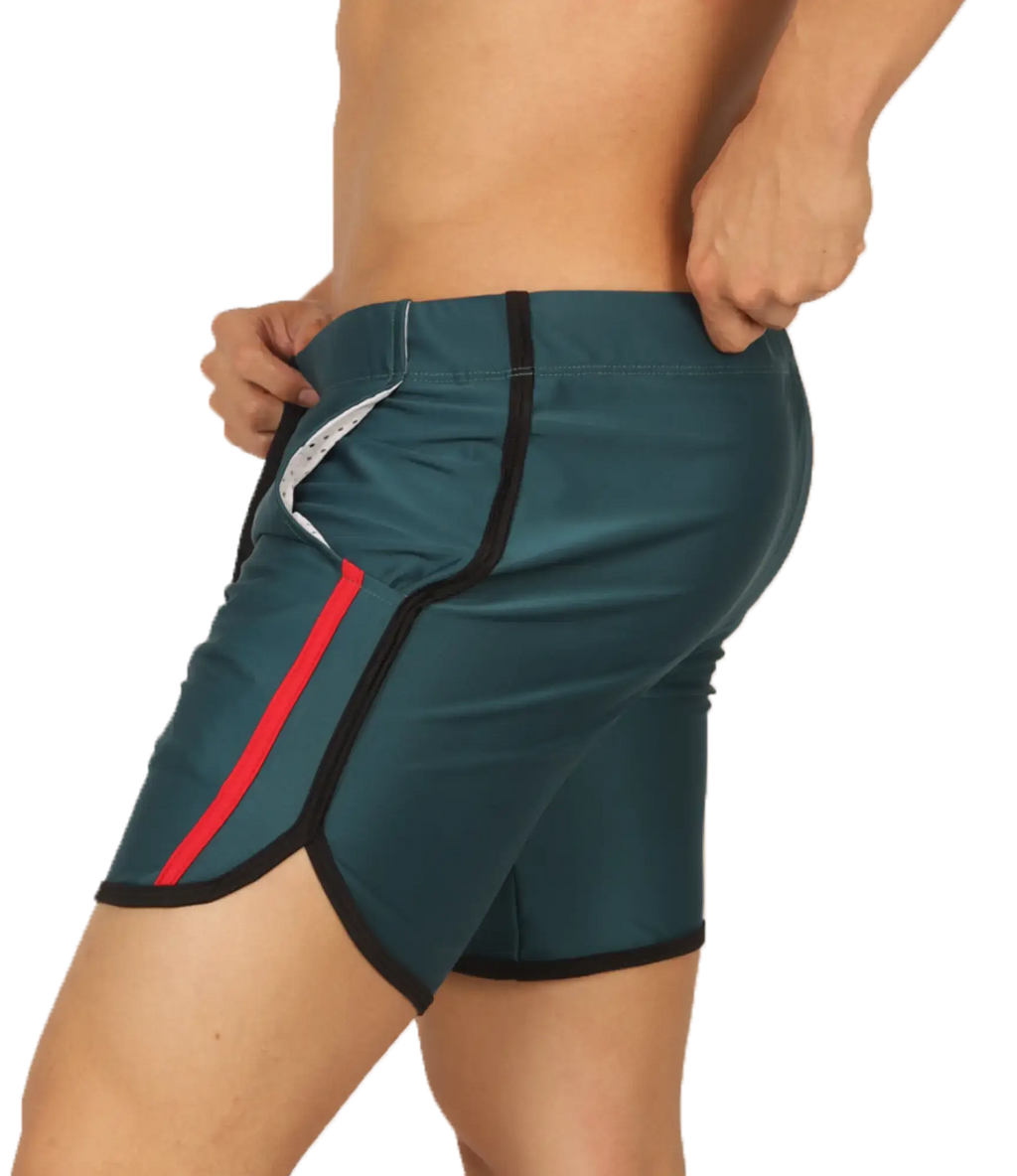 Gigo nice green beachwear teal athletic shorts with red and black trim side pockets and sleek design