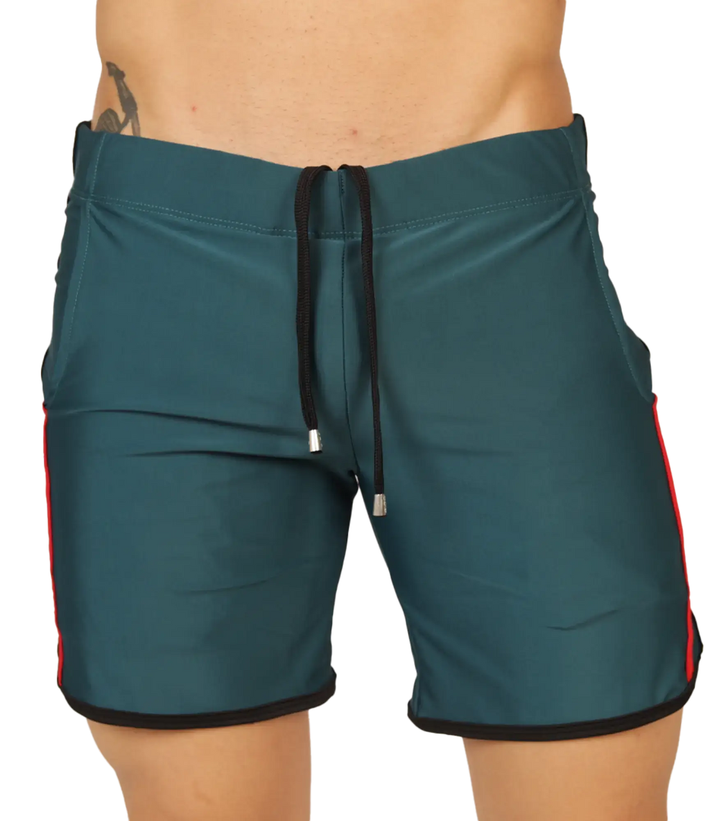 Teal swim trunks from gigo nice green beachwear with black drawstring and red side stripes for beach use