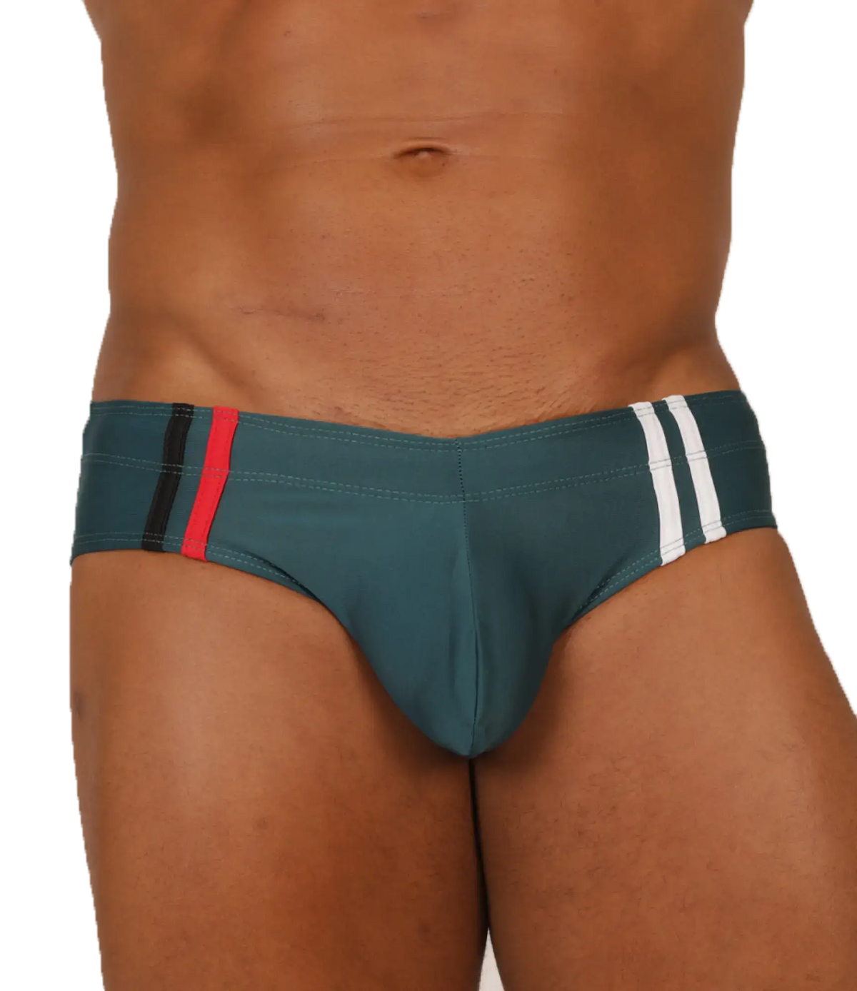 Gigo Nice Green swimbrief teal swim trunks with red black stripe on left and two white stripes on right sideband