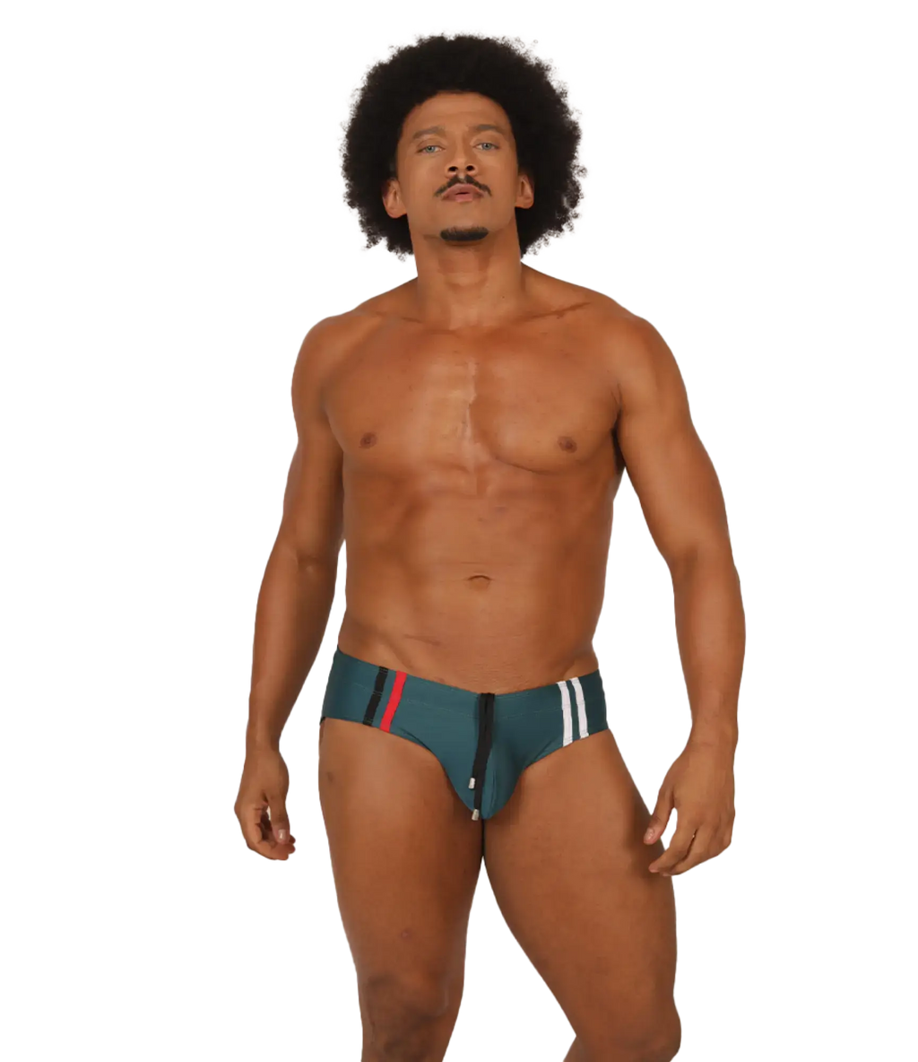 Teal and white striped swim trunks with a red accent stripe from gigo nice green swimbrief collection