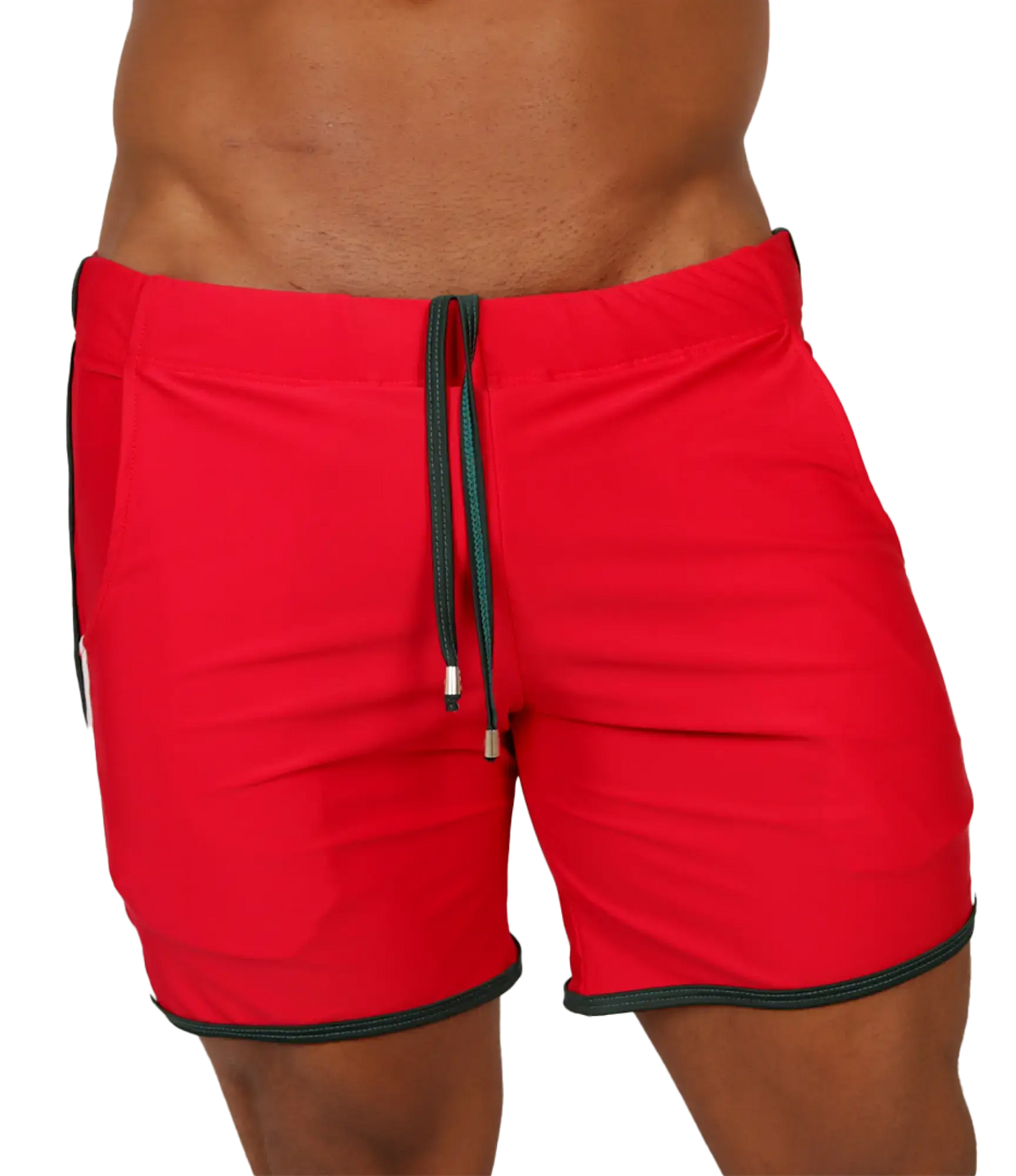 Red athletic shorts with black trim and drawstring waistband from Gigo Nice red beachwear collection for casual wear
