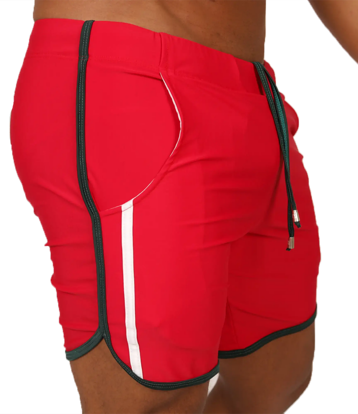 Red athletic shorts with white and black trim and drawstring waistband from gigo nice red beachwear collection
