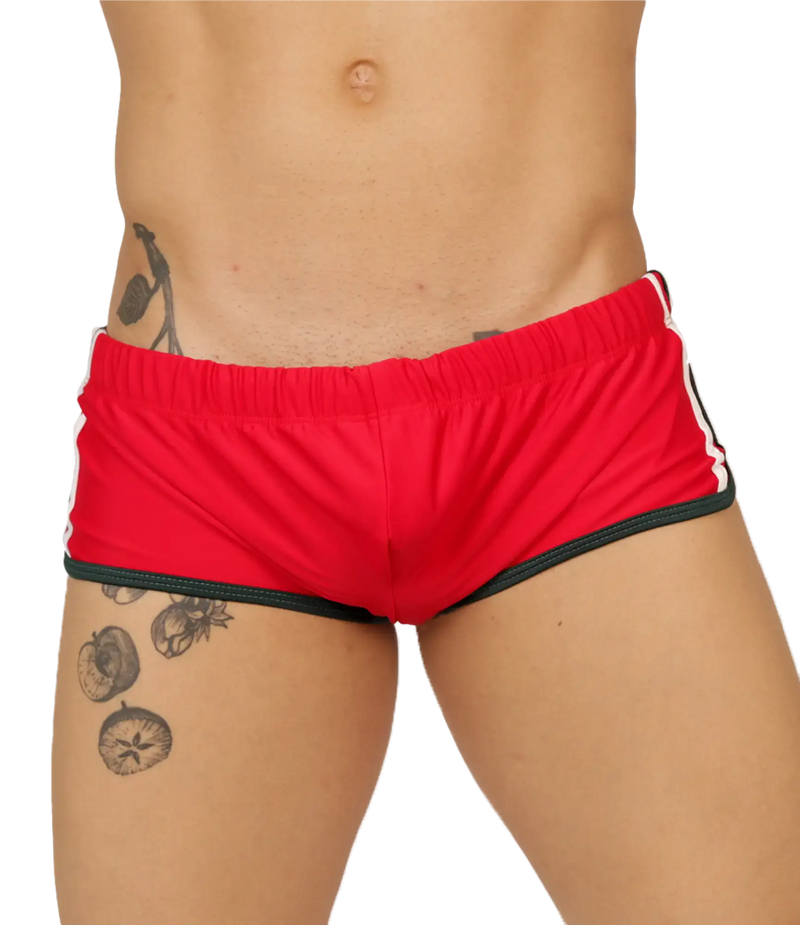 Gigo nice red swim trunk featuring red athletic shorts with black trim and white side stripes for swimming use