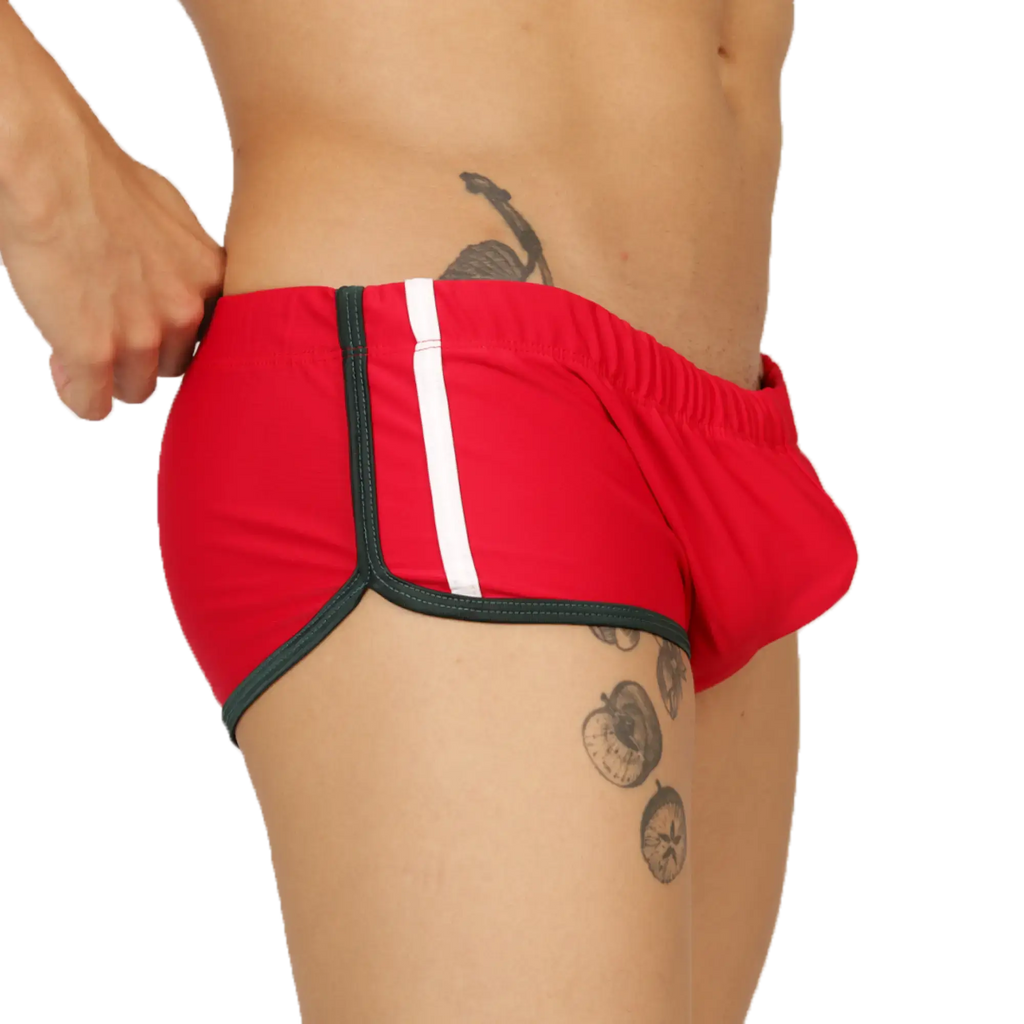 Red athletic briefs swim trunk with white stripe and black trim by Gigo nice for active swimming use