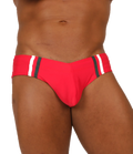 Vibrant red gigo nice red swimbrief with bold white and black striped side panels perfect for swimming