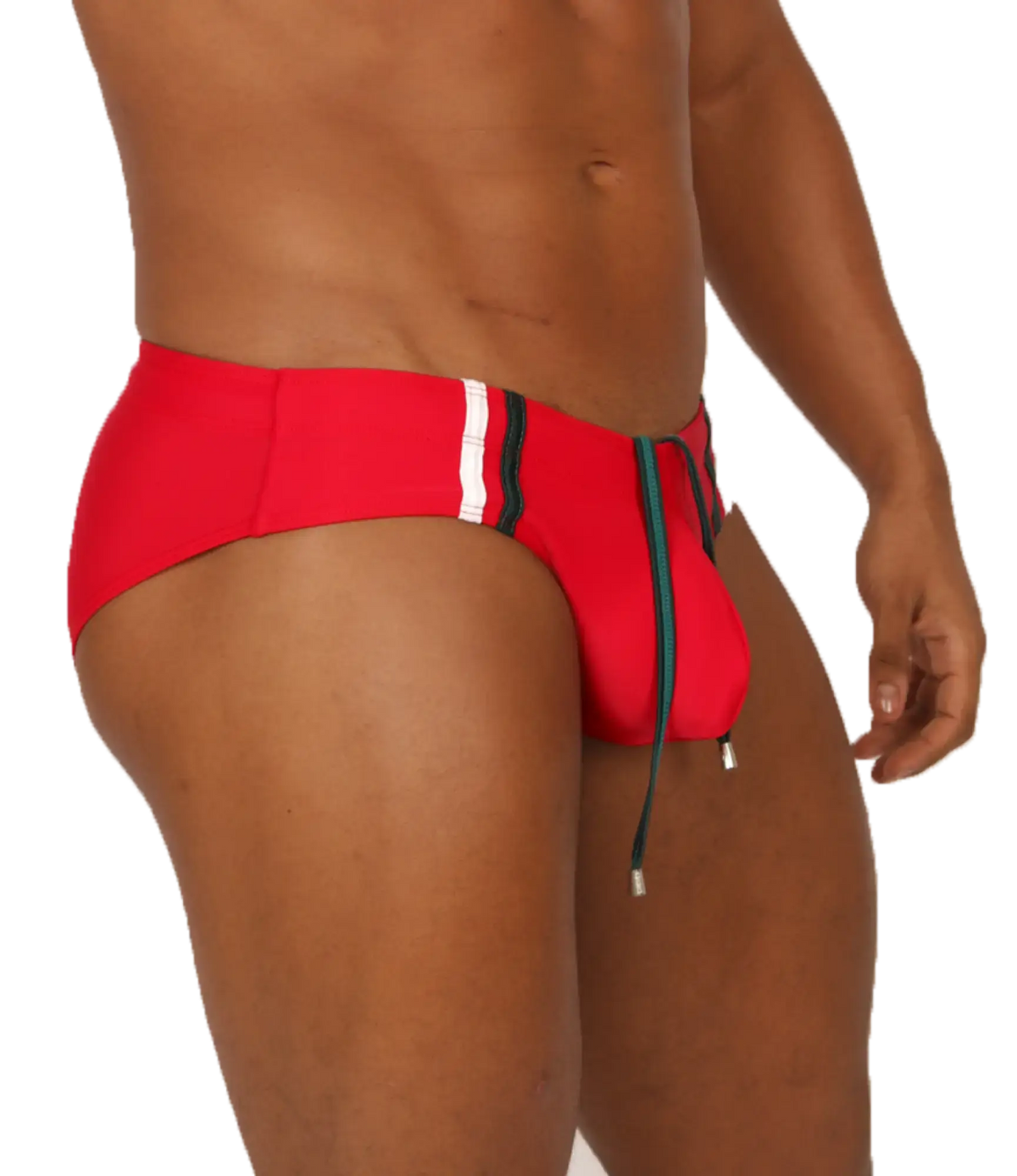 Gigo nice red swimbrief with white and black striped waistband and green drawstring for swimming use
