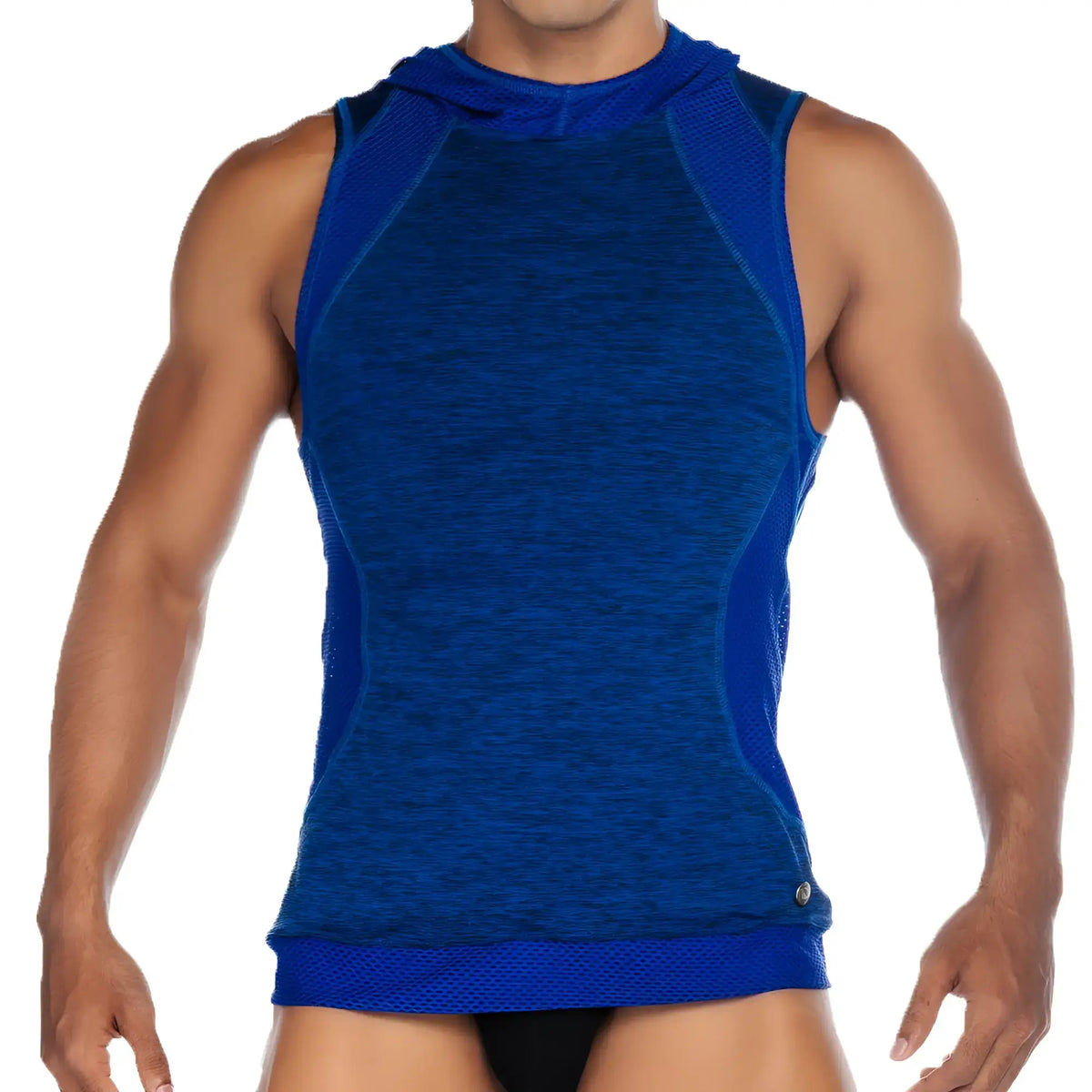 Gigo Nirvana blue sleeveless hoodie top with textured heathered fabric and mesh side panels