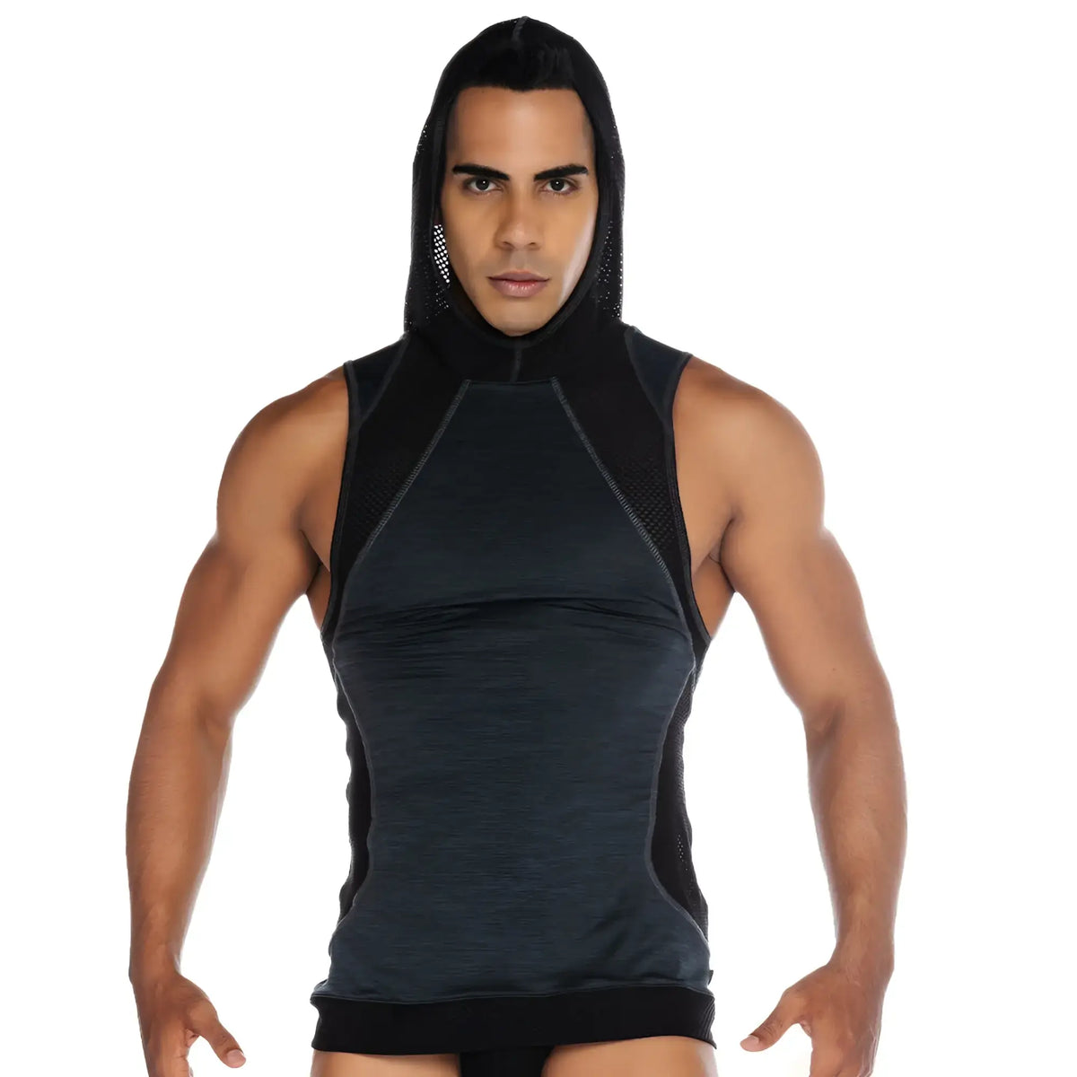 Gigo Nirvana gray hoody tshirt black mesh and solid fabric hooded tank top with sleek form-fitting design