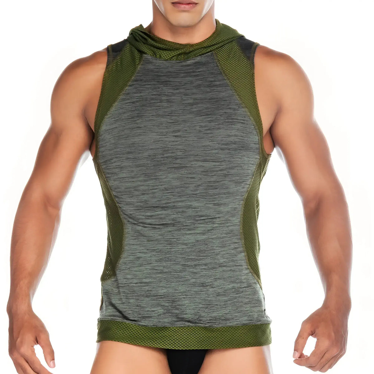 A menÃ¢â‚¬â„¢s sleeveless athletic top gigo nirvana green hoody tshirt with gray heathered fabric olive green mesh panels