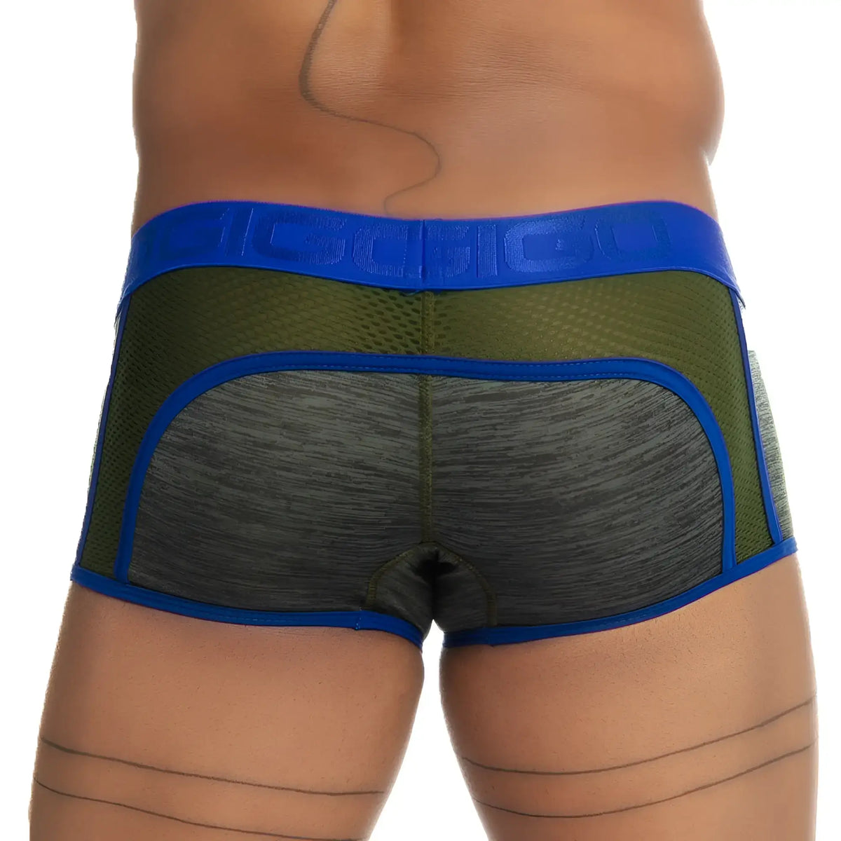 Gigo nirvana green trunk mesh briefs in blue and olive green with a textured gray panel and blue trim