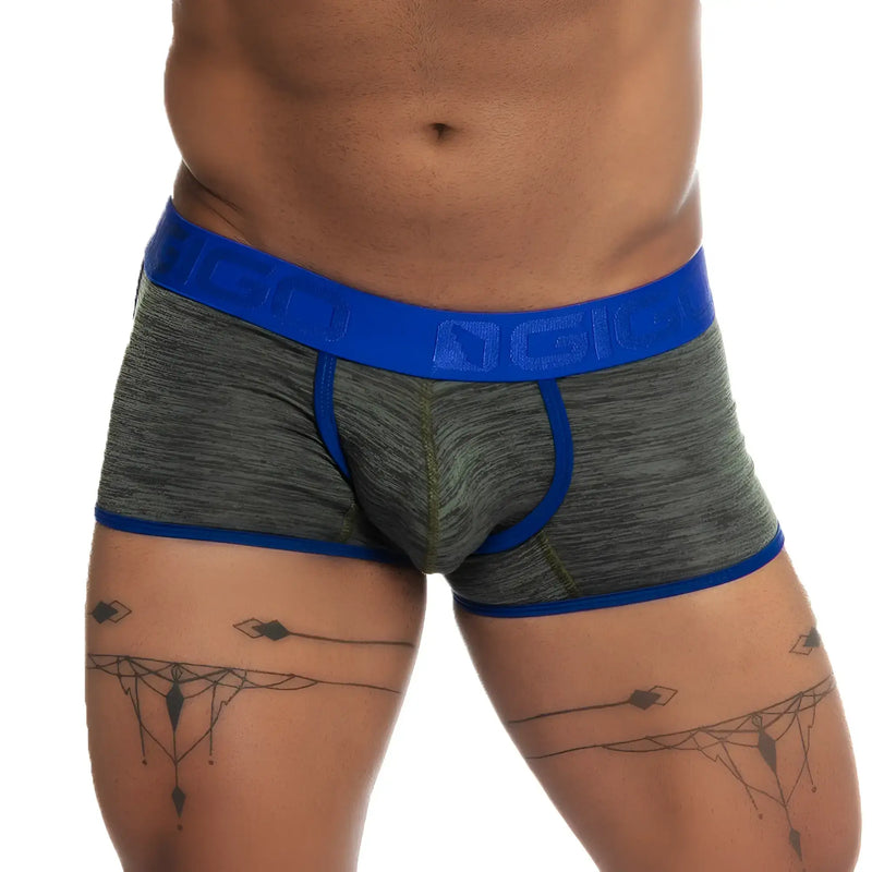 Gray heathered boxer briefs gigo nirvana green trunk with bold blue trim waistband and subtle textured pattern