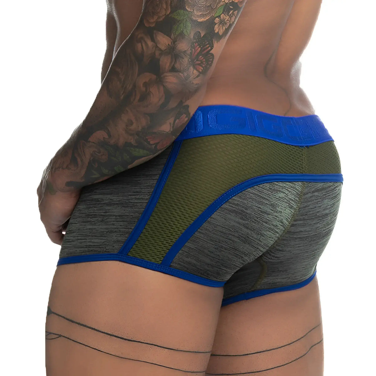 Olive and gray mesh athletic briefs with bold blue trim featured in gigo nirvana green trunk design