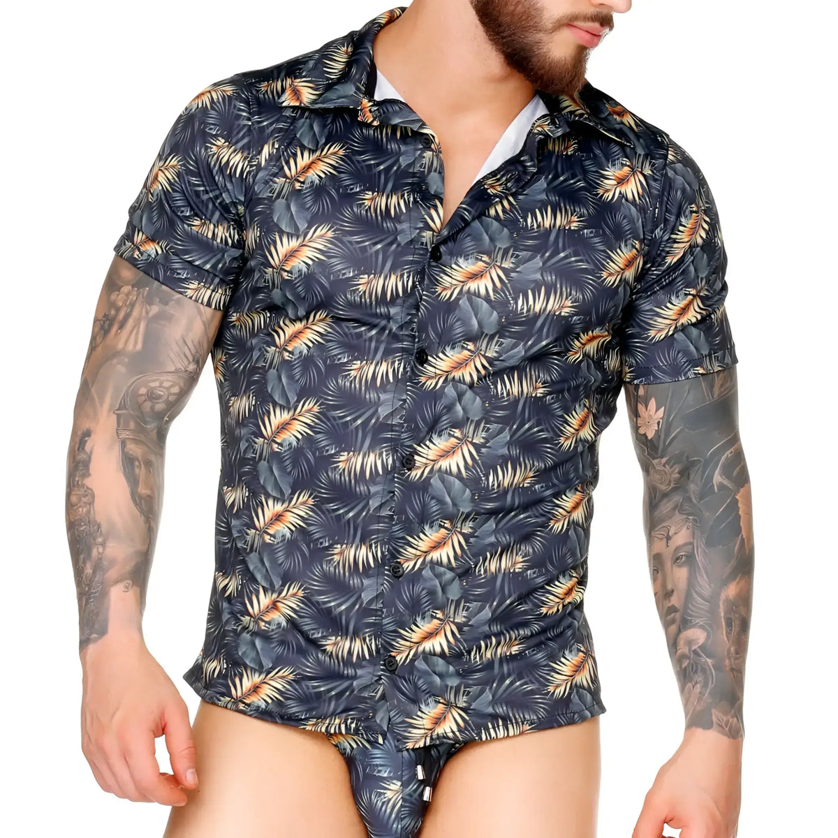 Dark blue gigo palms shirt with tropical beige and gold leaf pattern short-sleeved button-up design