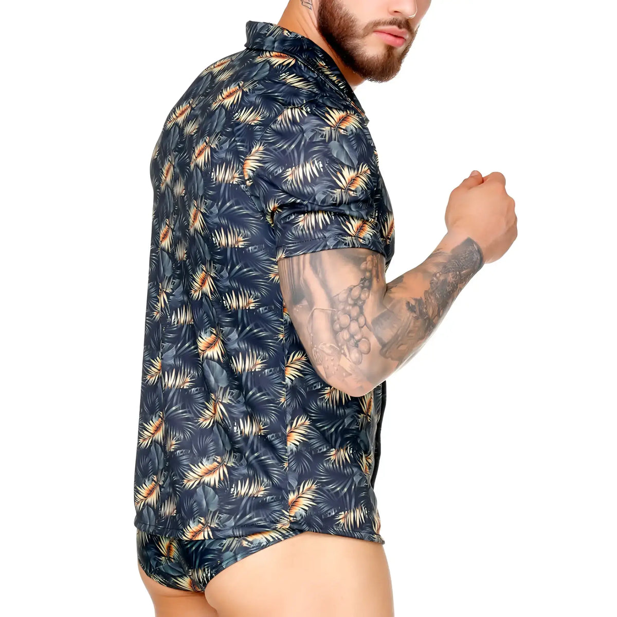 Dark blue short-sleeved Gigo Palms shirt with tropical beige and gold palm leaf pattern ideal for casual wear
