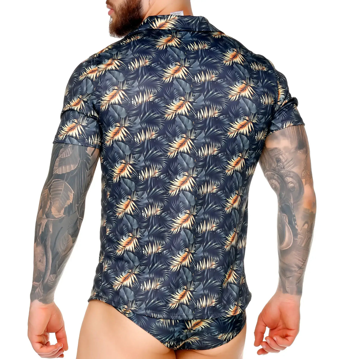 Dark blue short-sleeved gigo palms shirt with beige and light green tropical leaf pattern for casual wear